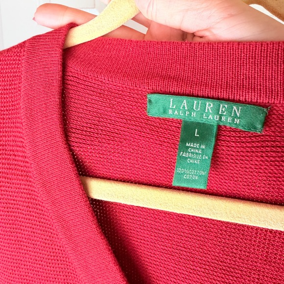 LAUREN RALPH LAUREN Red Cotton Blend V Neck Button Detail Sweater Top Women's L - Picture 3 of 4